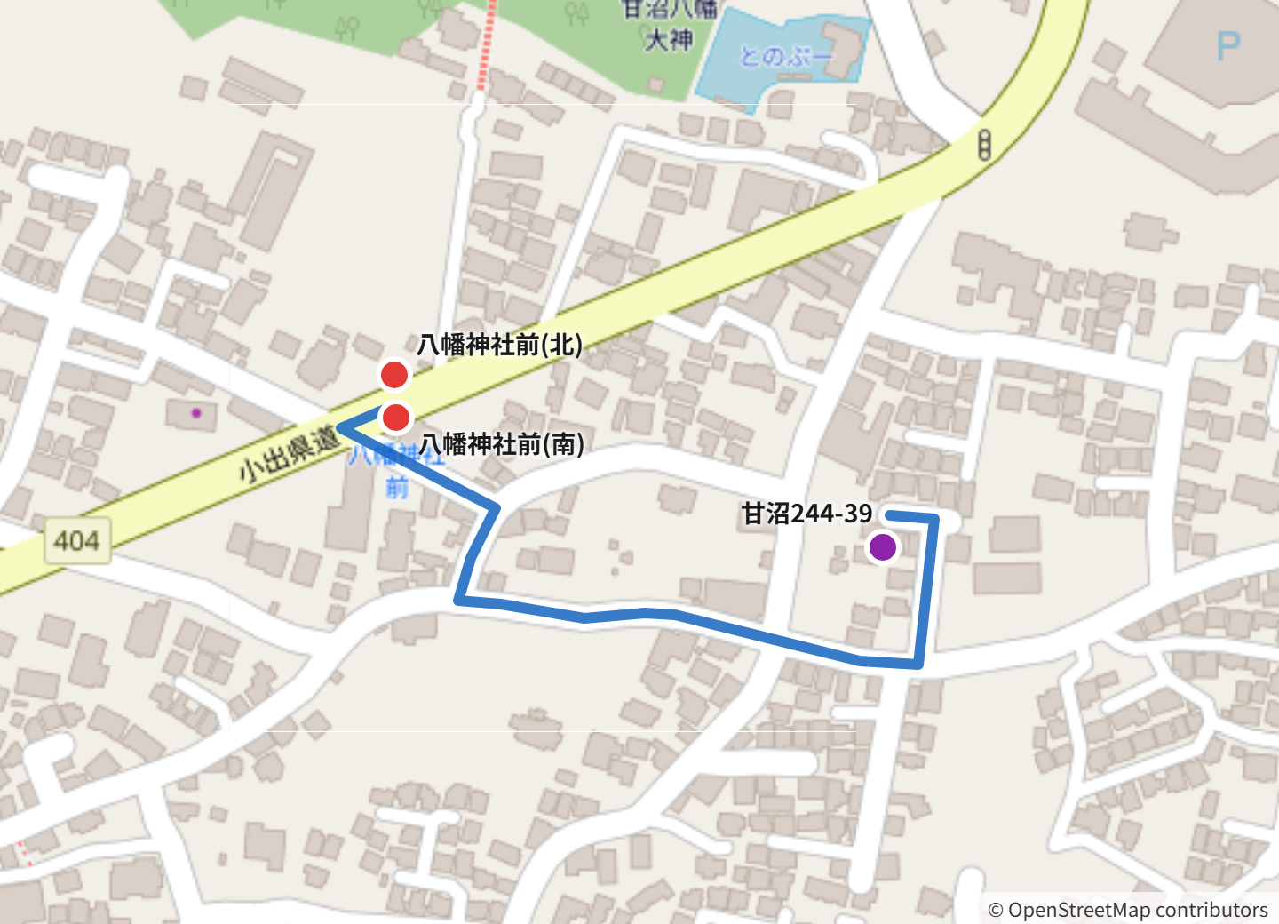 八幡神社前バス停から甘沼244-39までの徒歩ルート地図（約400m・徒歩約6分）